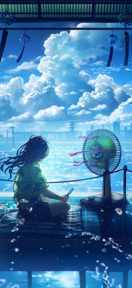 girl, fan, ice cream, sea, spray, clouds, sky, summer, anime, art