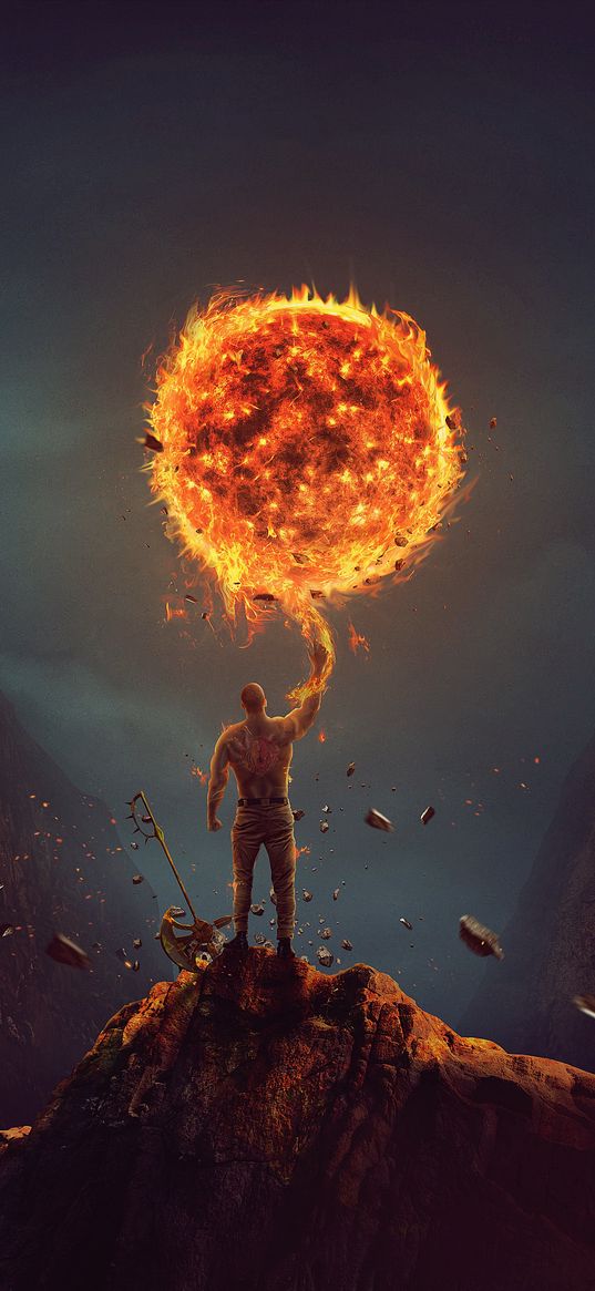 man, fireball, sun, fire, axe, mountain, rock, magic, fantasy, art