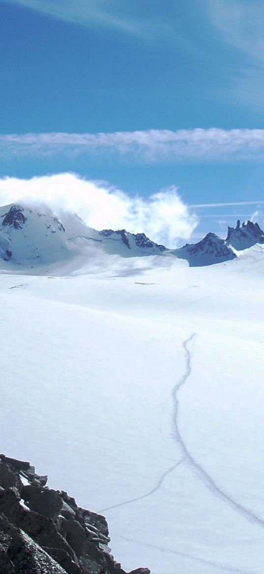 stones, snow, mountains, sky, sun, avalanche