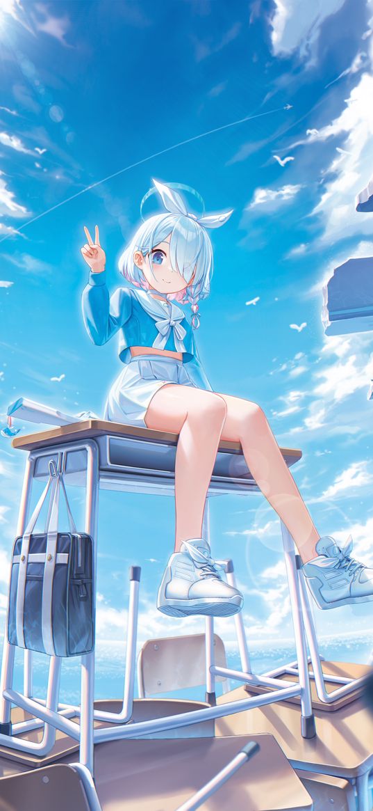 arona, blue archive, anime, game, girl, funny, cute, halo, desks, ruins, blue sky, clouds, art