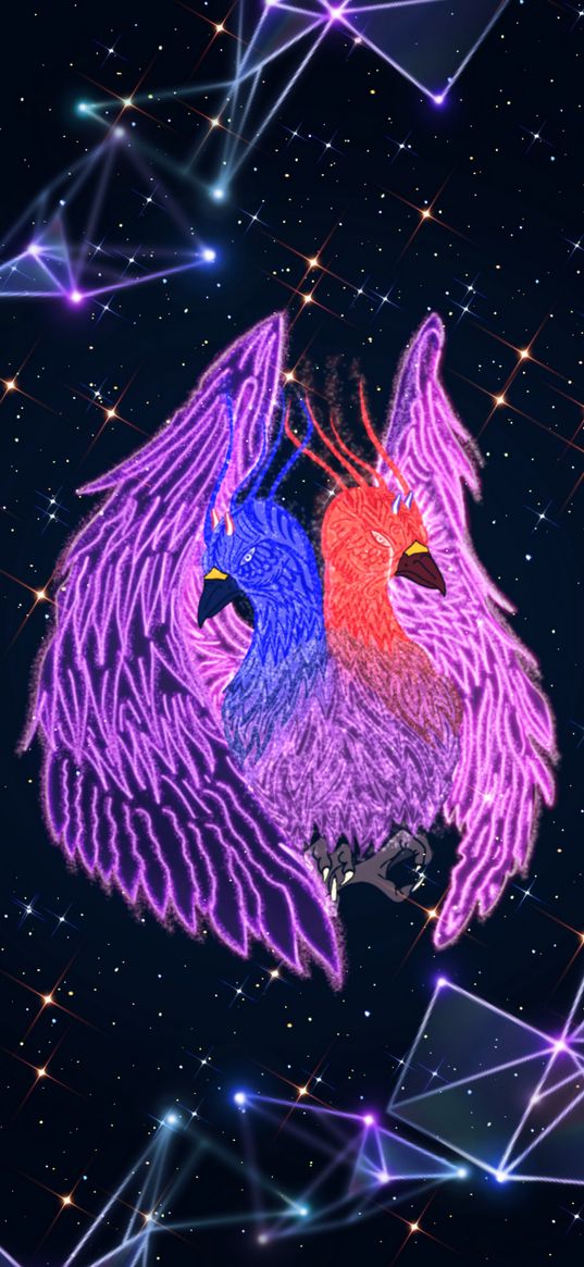 phoenix, two-headed, bird, bright, starry sky, stars, constellations, cosmos, art