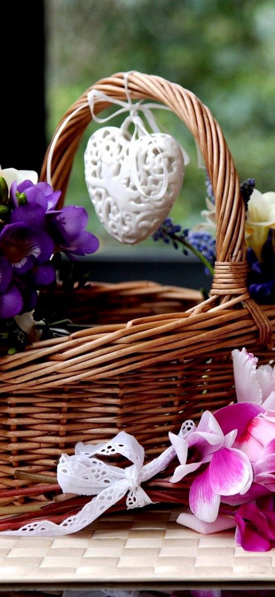 daisies, flower, glass, flowers, bouquets, basket, heart