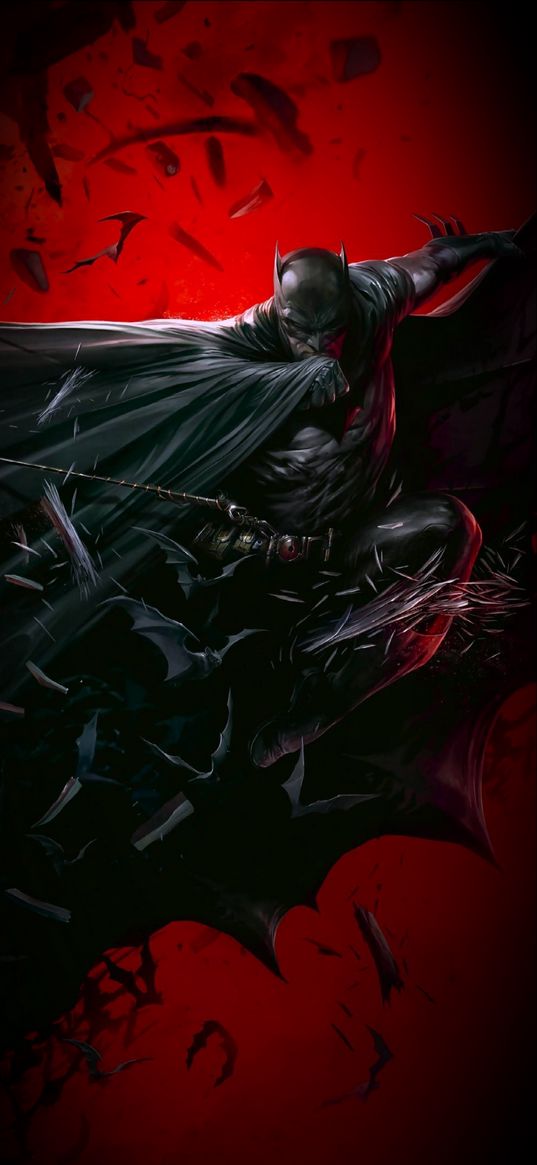 batman, superhero, dc, flight, bats, red background, art