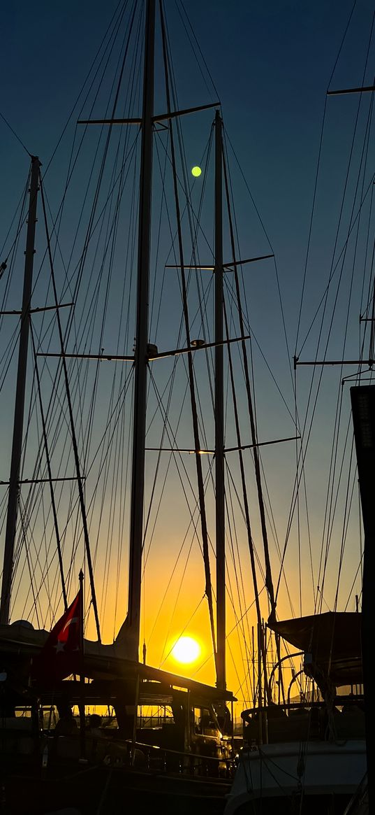 yachts, ships, masts, shadow, sunset