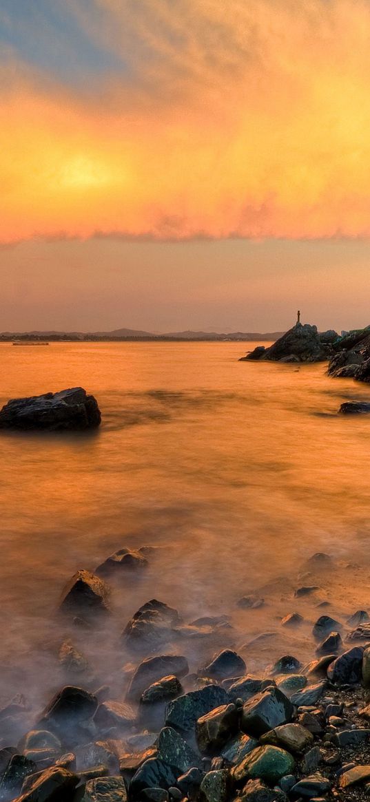 stones, coast, fog, rocks, water, decline, evening