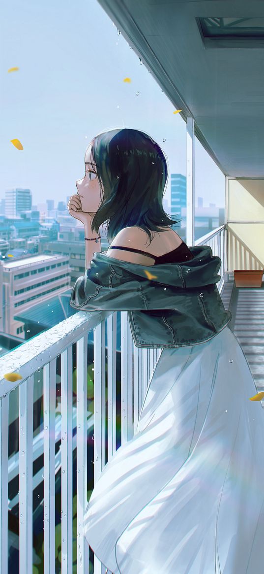 girl, anime, art, balcony, petals