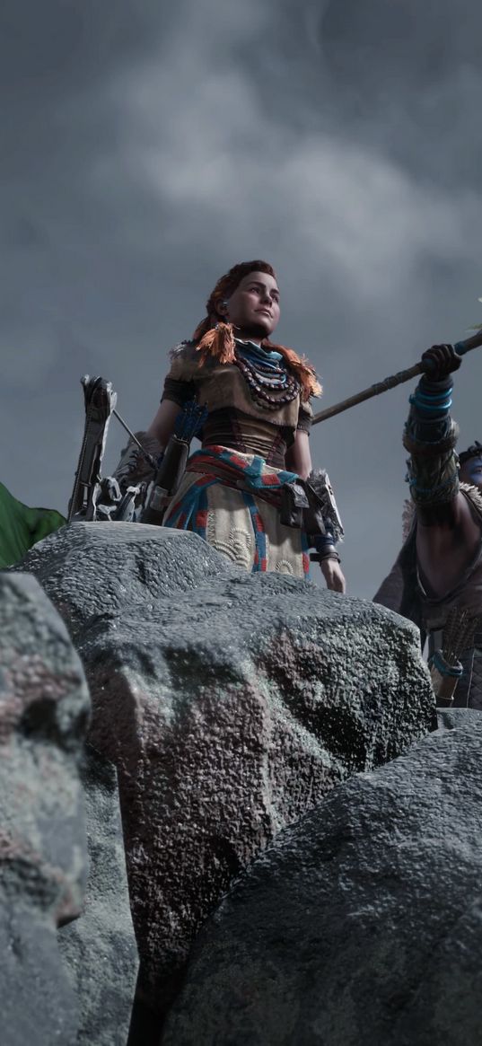 aloy, horizon zero dawn, game, characters, girl, warriors, rock, stones, clouds, art