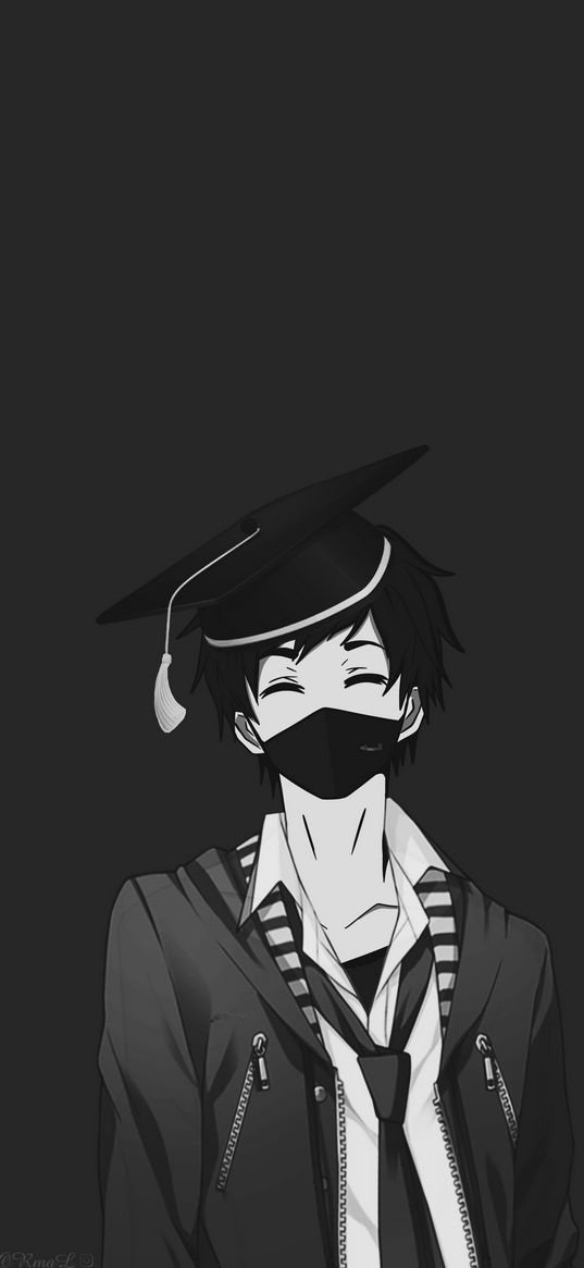 student, boyfriend, cute, graduate hat, mask, black and white, anime, art