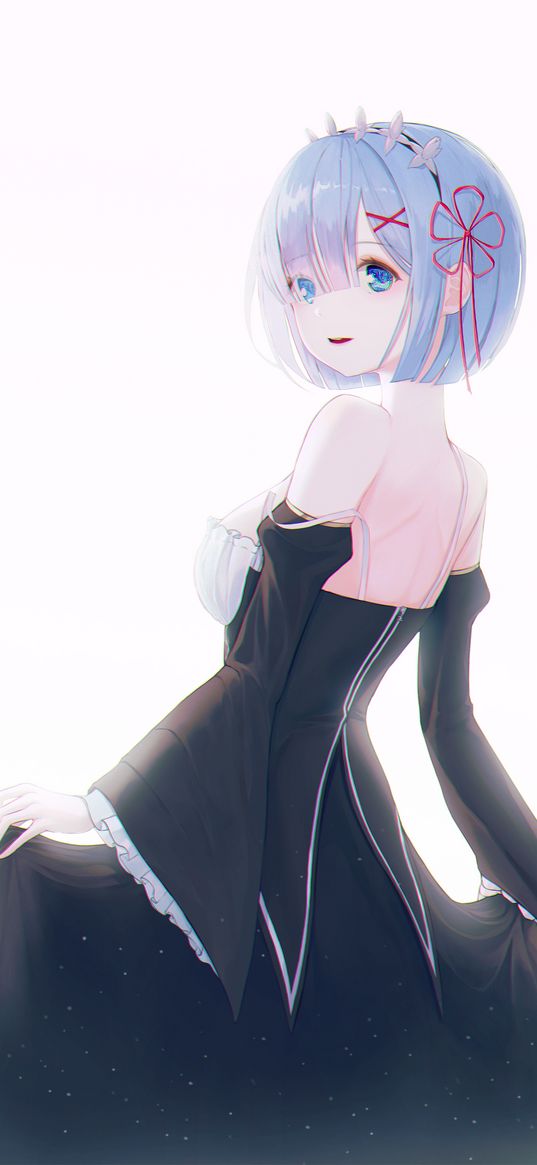 rem, re zero, anime, girl, blue hair, blue eyes, dress, beautiful, cute, white background, light, art