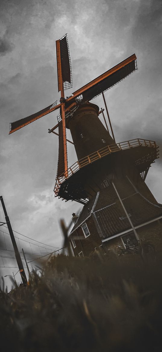 mill, house, grass, clouds, cloudy, sky