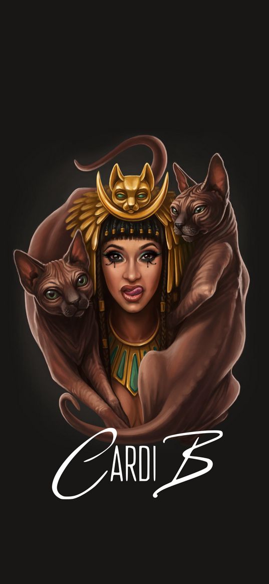 cardi b, singer, hip hop, cleopatra, bastet, girl, goddess, cats, egypt, black background, art