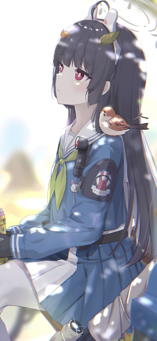 girl, school uniform, ears, bird, bottle, cute, lonely, leaves, park, anime, art