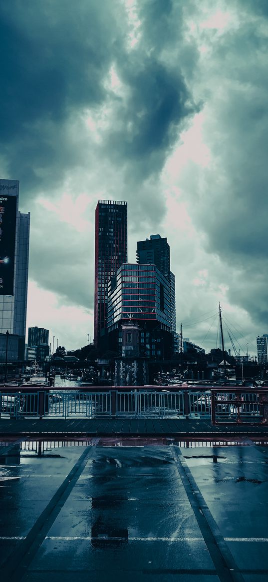 buildings, bridge, street, rain, city, rotterdam, netherlands