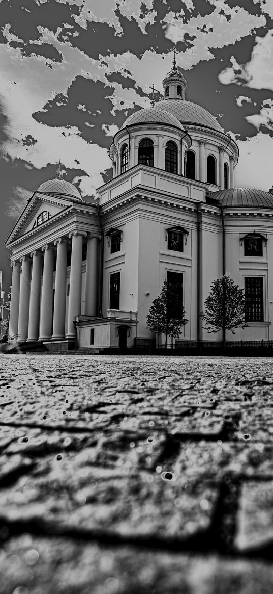 church, stones, sidewalk, sky, clouds, dark