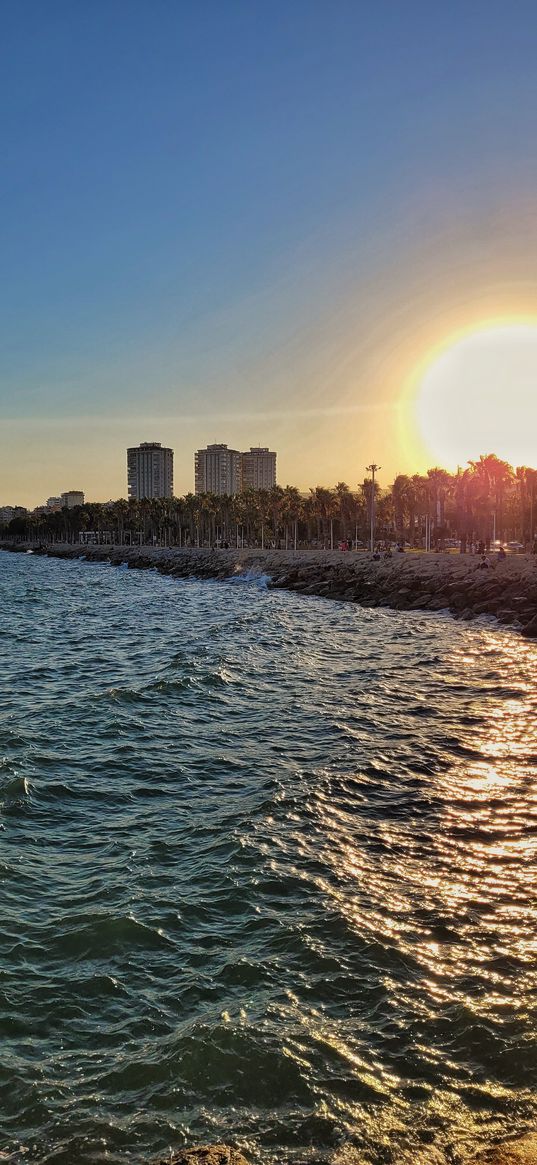 sea, beach, palm trees, buildings, city, turkey