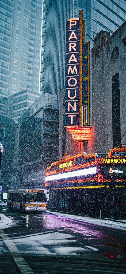 city, street, snow, winter, evening, bus, signboard