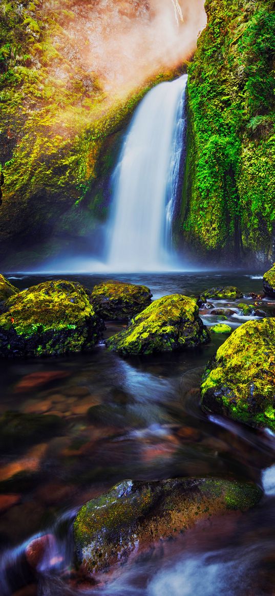 waterfall, river, forest, trees, rocks, moss