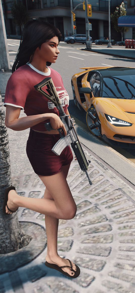 gta 5, game, girl, weapon, machine gun, lamborghini, car, yellow