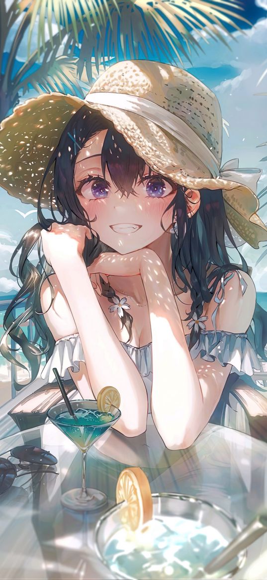 girl, anime, art, hat, palm trees, table, cocktails