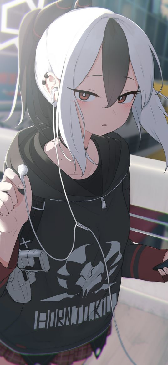 kayoko, blue archive, anime, girl, game, art, phone, headphones