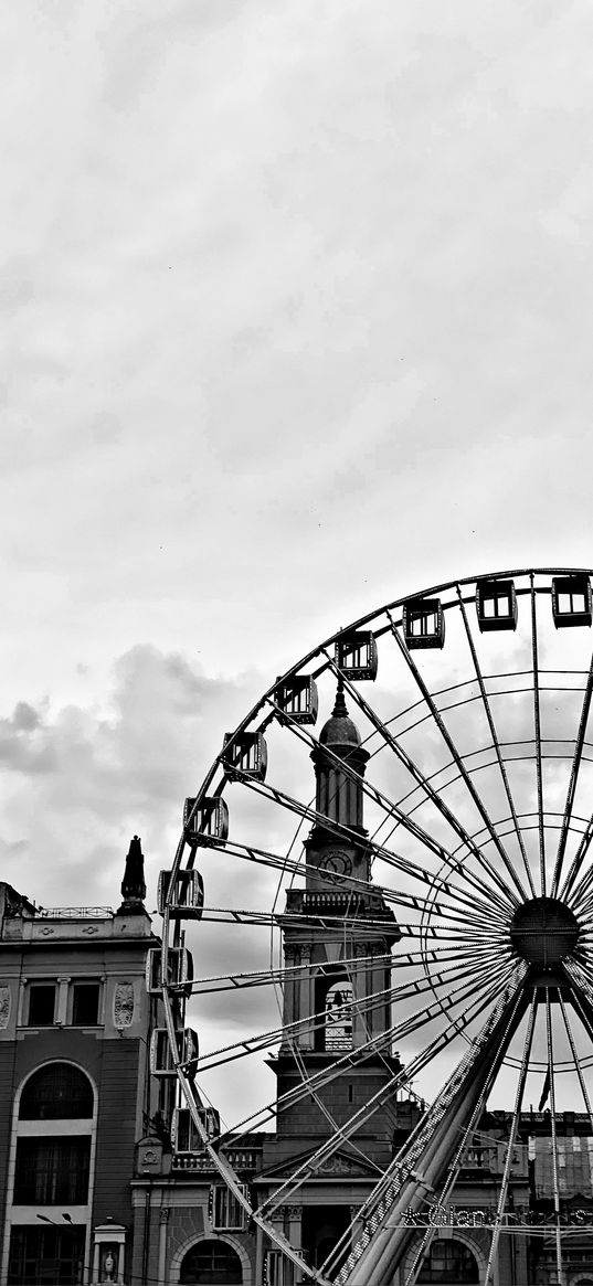 ferris wheel, tower, houses, architecture, city, sky, black and white