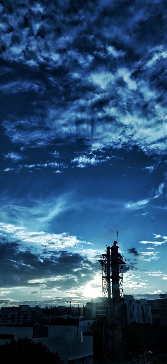 pipes, tower, houses, district, street, city, clouds, sky