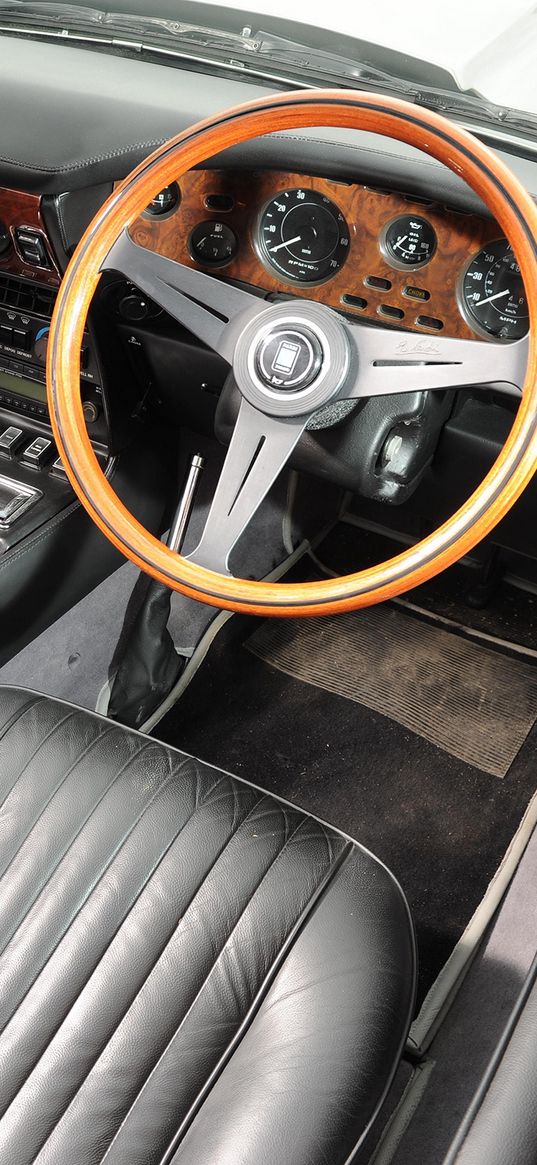 aston martin, v8, volante, 1977, black, salon, interior, steering wheel, speedometer, retro