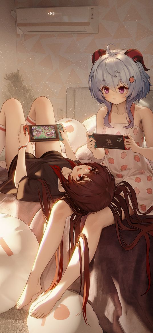 ganyu, hu tao, genshin impact, anime, girls, friends, game, art