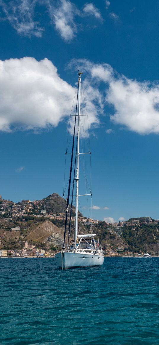 boat, mast, sea, mountains