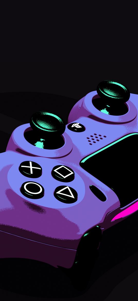 joystick, playstation, game console, pink, purple, black background, art