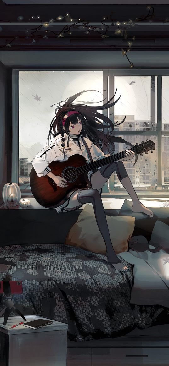 girl, musician, guitar, room, apartment, anime, art