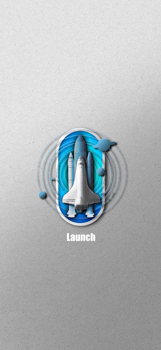 shuttle, rocket, planets, space, launch, blue, gray background, art