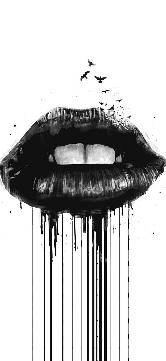 lips, black, white, birds, art