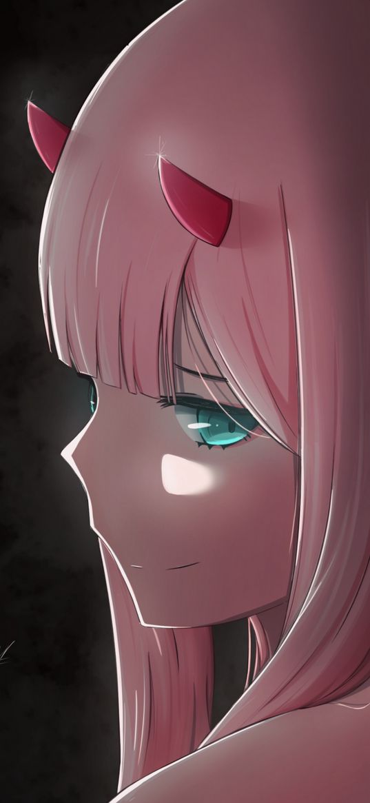 zero two, 002, darling in the franxx, anime, girl, art, horns