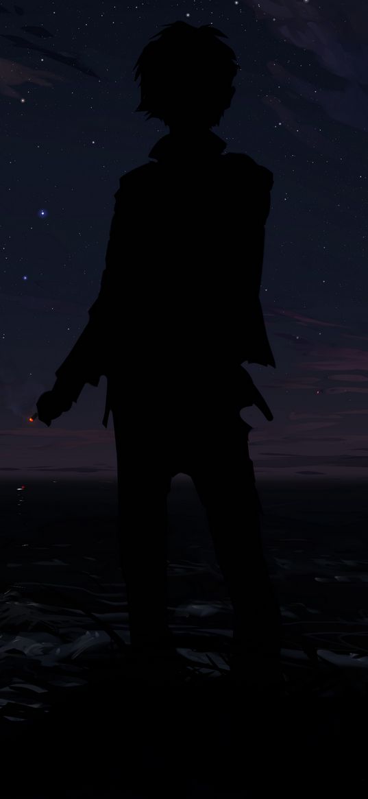 boy, silhouette, cigarette, sea, waves, starry sky, night, art