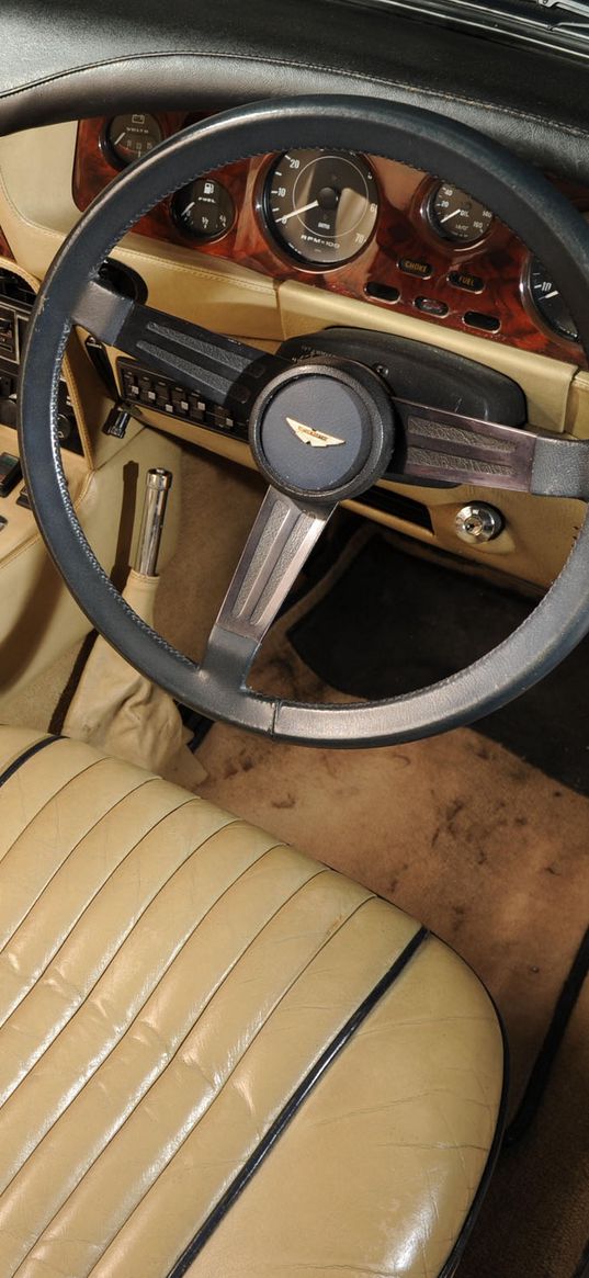 aston martin, v8, volante, 1977, beige, salon, interior, steering wheel, speedometer