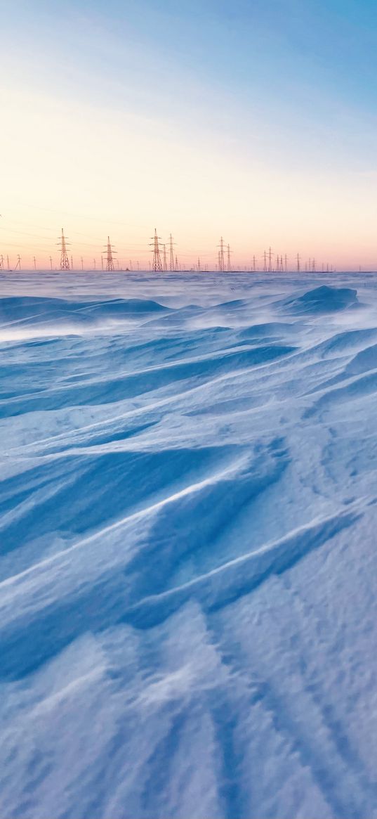 sun, snow, nature, winter, yamal, power lines