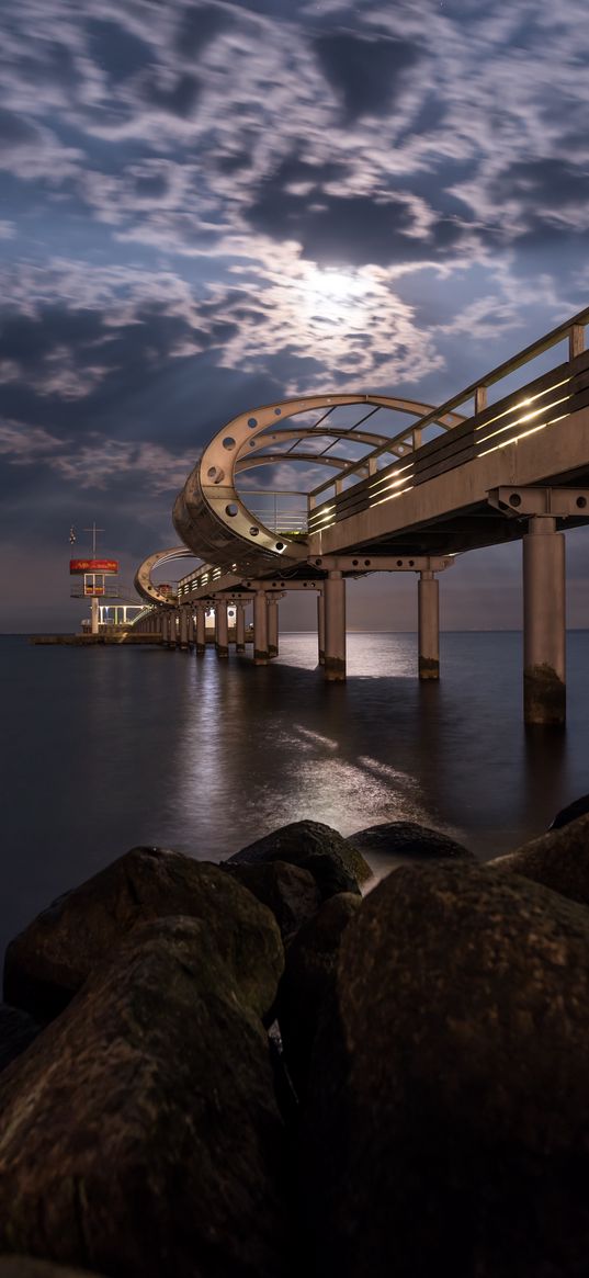 bridge, arches, pilings, sea, rocks, twilight