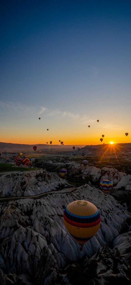 balloons, mountains, valley, landscape, sun, sunset, sky, evening, nature