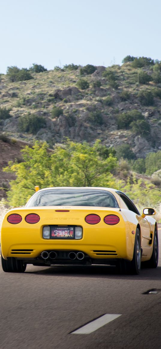 chevrolet corvette c5, chevrolet, yellow, back view, asphalt