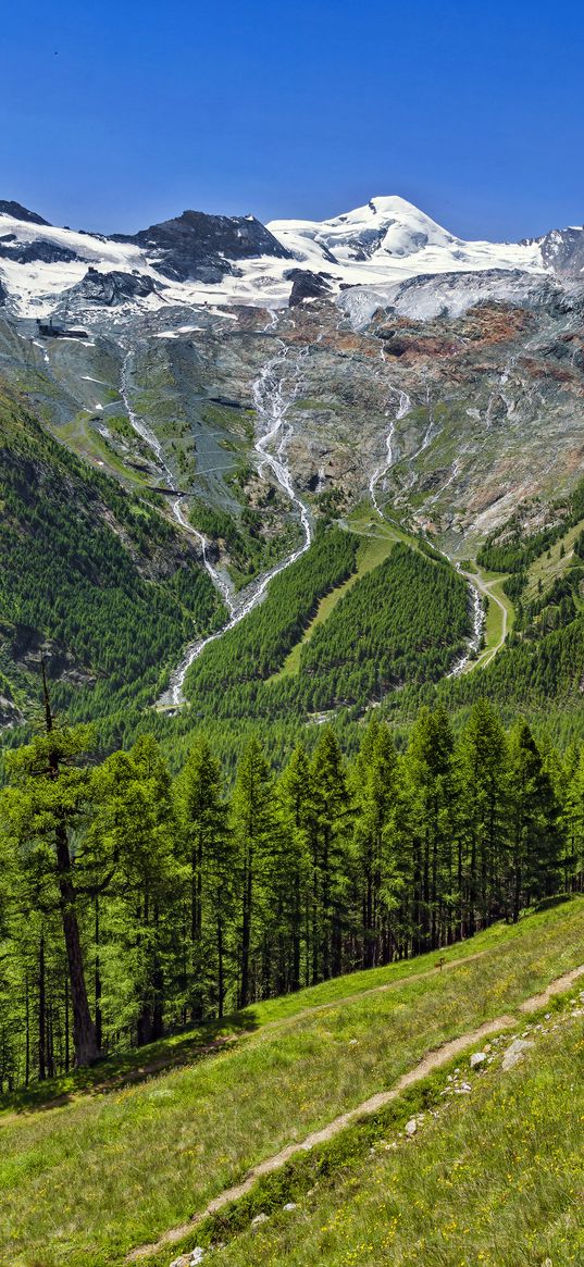 valley, trees, mountains, slope, landscape