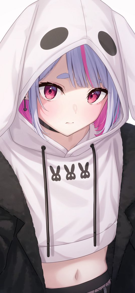 girl, pink eyes, hoodie, ears, beautiful, cute, white background, anime, art