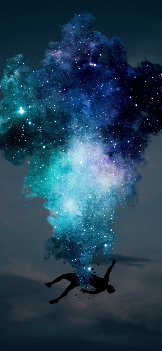 man, silhouette, falling, sky, cloud, nebula, stars, space, art