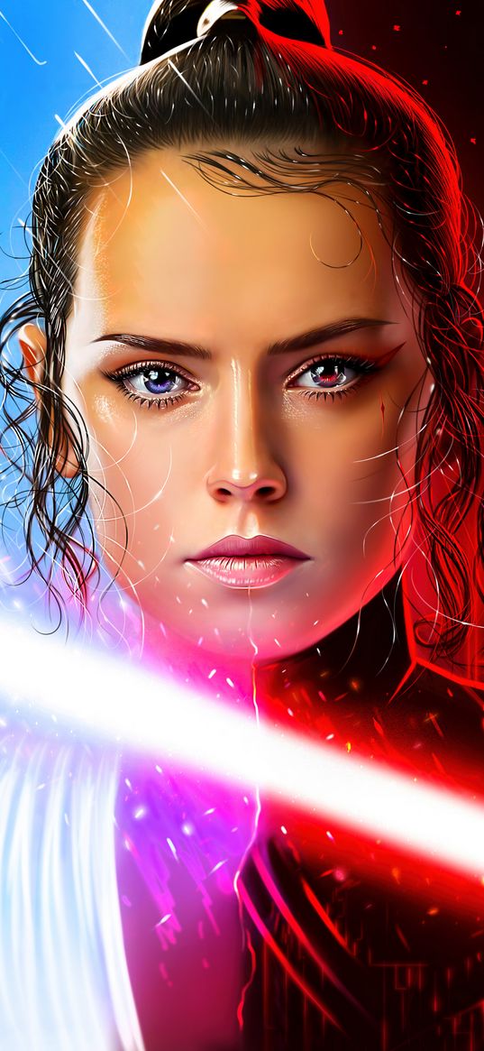 daisy ridley, rey, star wars, movie, girl, jedi sword, neon, blue, red, poster, art