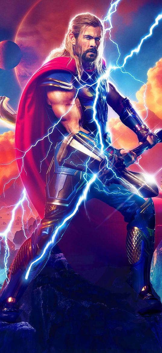 thor, love and thunder, movie, god, superhero, marvel, man, axe, lightning, fantasy, poster, art