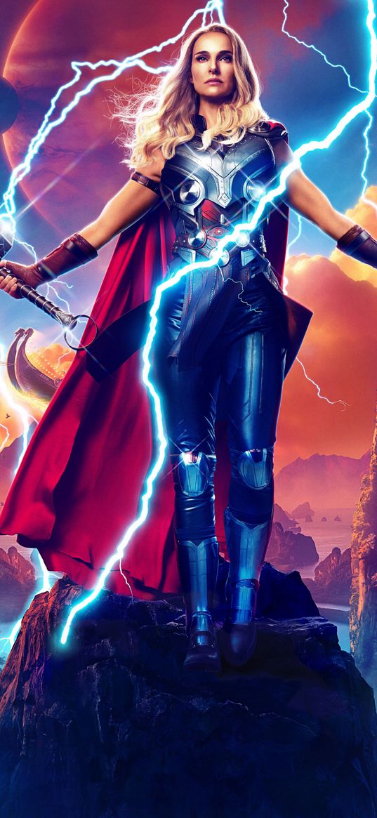 jane foster, thor, love and thunder, movie, god, superhero, marvel, girl, hammer, lightning, rocks, fantasy, poster, art