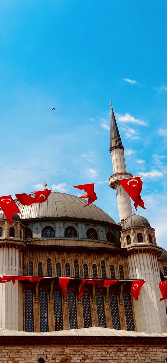 mosque, building, architecture, religion, islam, flags, turkey, blue sky