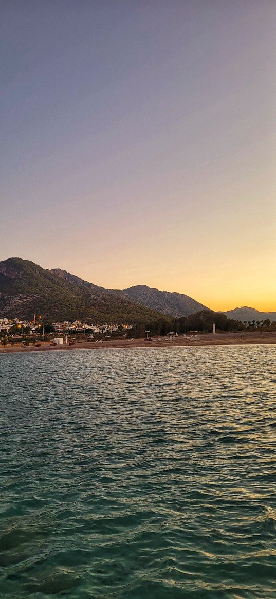 sea, beach, mountains, hills, city, resort, sunset, sky, nature