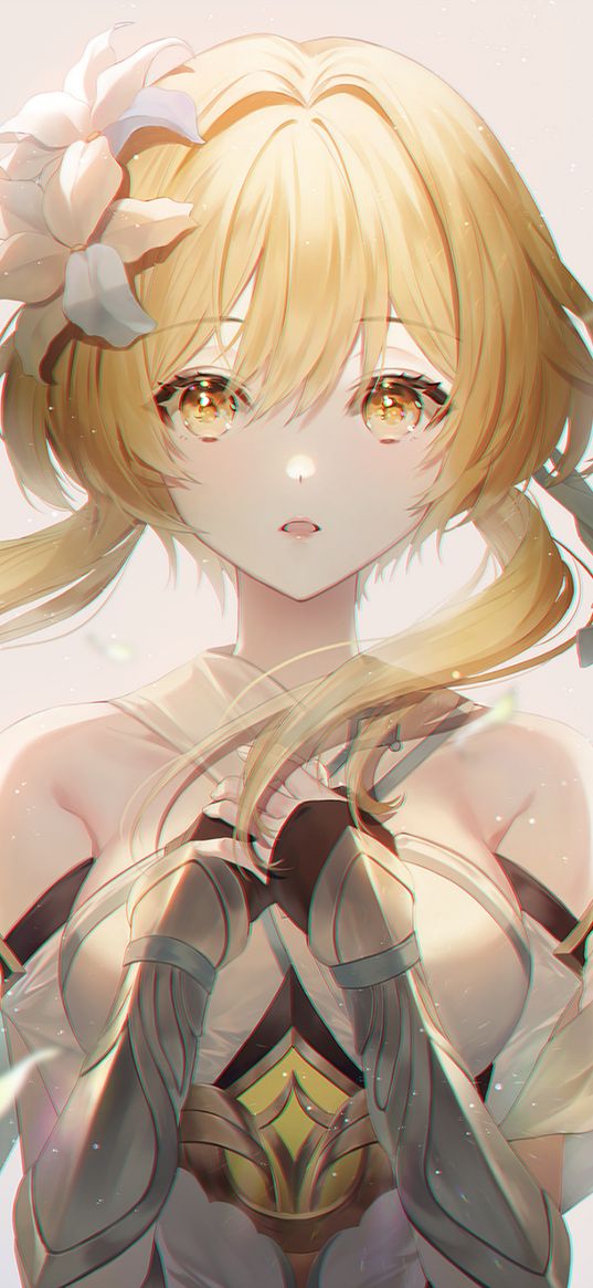 lumine, game, anime, blonde, girl, dress, flower, beautiful, cute, art