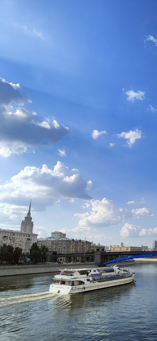 blue sky, ship, city, moscow, river, boat, clouds